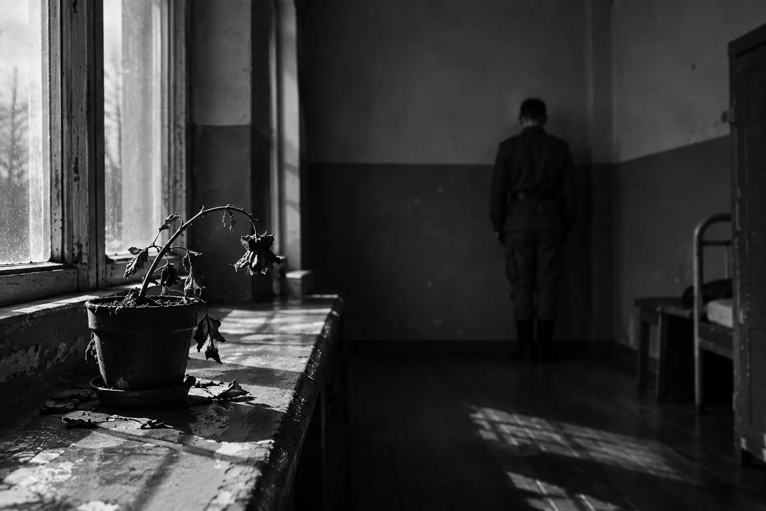 Иссохший цветок на подоконнике казармы, солдат стоит в углу